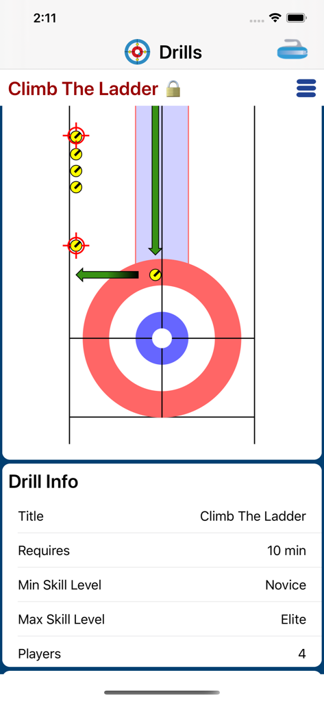 A curling drill titled Climb The Ladder on the Curl Coach 2 app featuring a tactical diagram and drill information