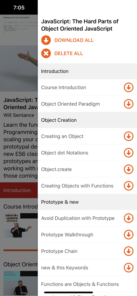 Frontend Masters app showing the JavaScript course curriculum and offline video download options.