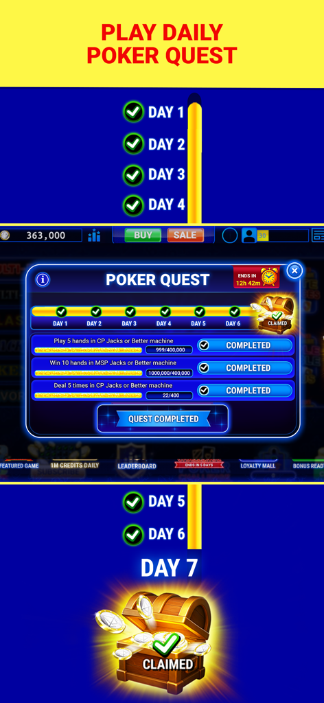 Multi-Play Video Poker ™ - Écran de l'application Multi-Play Video Poker montrant la progression du défi quotidien Poker Quest et un coffre de récompense