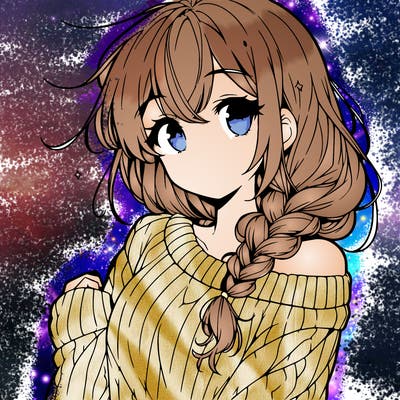 anime cute girl with hair in loose side braid and a sweater off on one shoulder