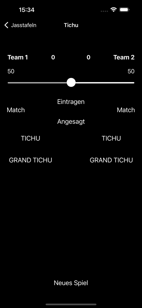 Tichu scoring screen in the Jasstafeln app showing score sliders for two teams and buttons for Tichu and Grand Tichu declarations