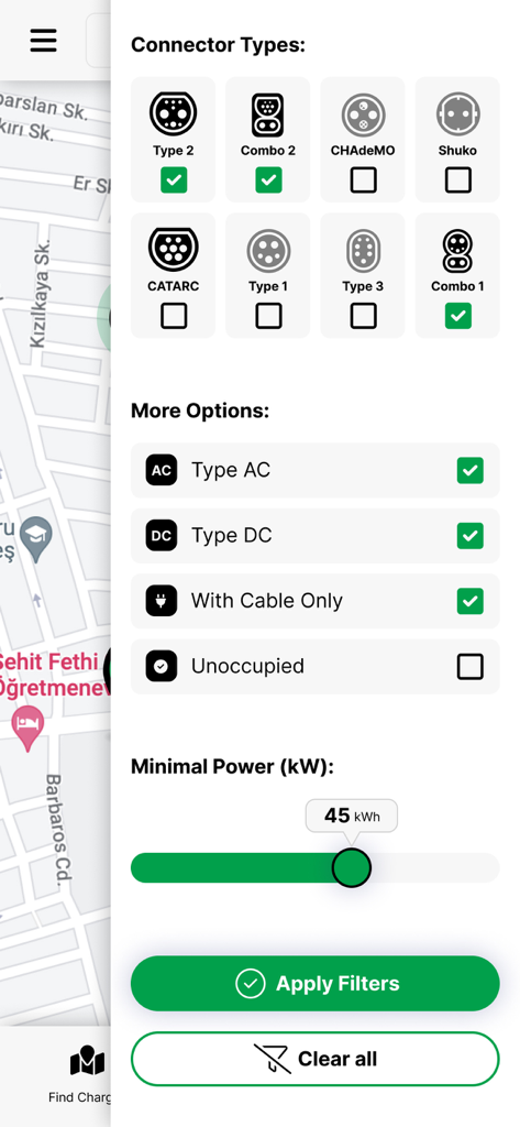 UCharge Powered by UNIPET - Screen showing EV charging station search filters for connector types and power levels in the UCharge app