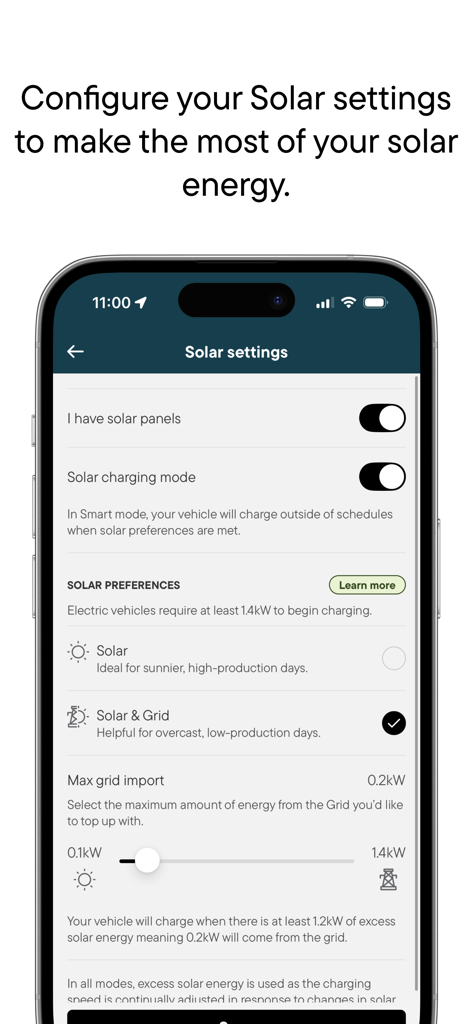 Solar settings screen in the Pod Point app for optimizing EV charging with solar panels.