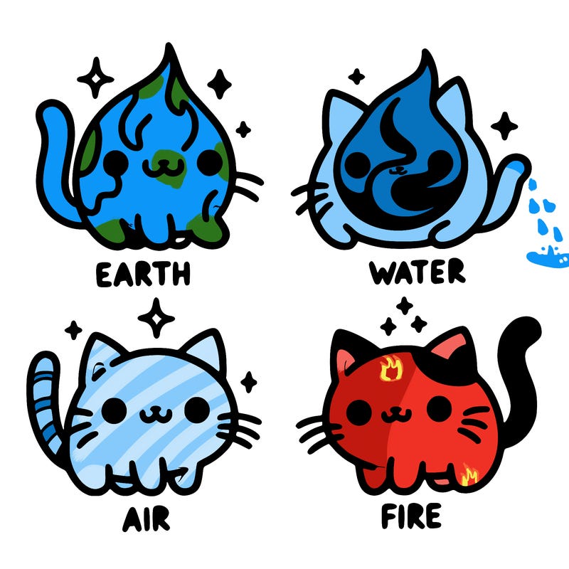 4 cats that represent the different elements, earth, water, air, and fire