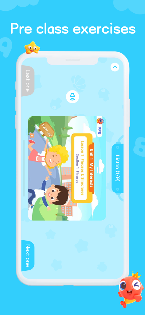 伴鱼少儿英语 - PalFish English app interface showing pre-class exercises for children