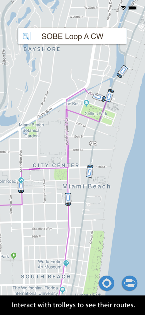 Miami Trolleys - A map of Miami Beach in the Miami Trolleys app showing the SOBE Loop A route and live trolley locations.