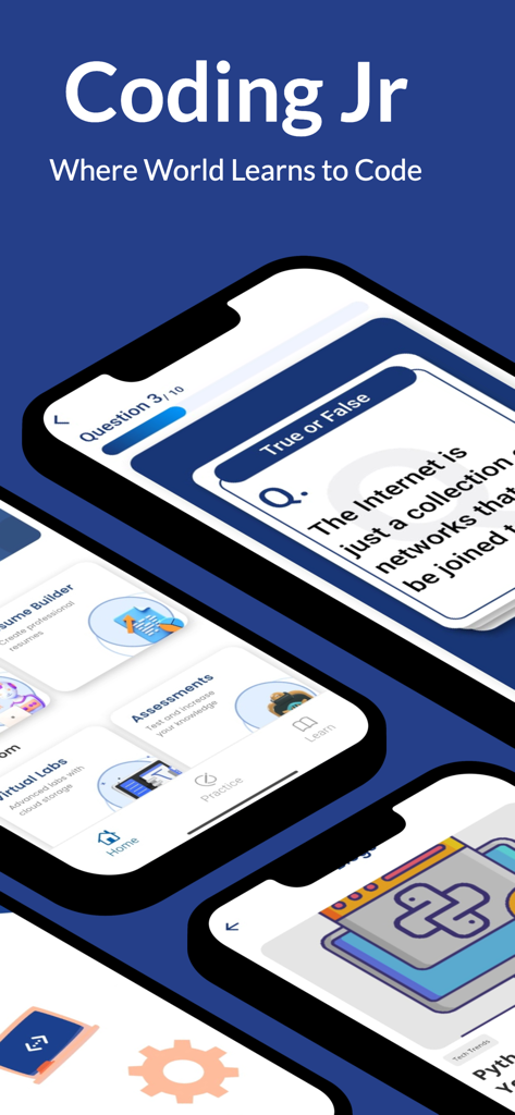 Coding Jr - Interfaz de la aplicación Coding Jr que muestra cuestionarios de codificación, laboratorios virtuales y módulos de currículo para niños
