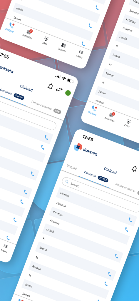Daktela - Daktela mobile app interface showing the dialpad and a list of business contacts
