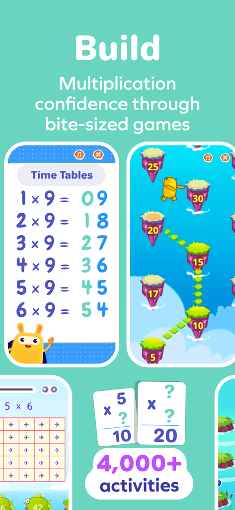 Splash Mini: Multiplication - Splash Mini 곱셈 앱의 화면 모음, 구구단과 어린이용 상호작용 수학 게임 표시