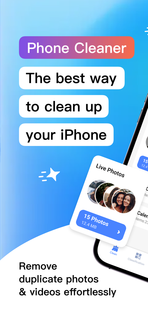 Interfaz de la aplicación Phone Cleaner para eliminar fotos y videos duplicados y liberar espacio en el iPhone