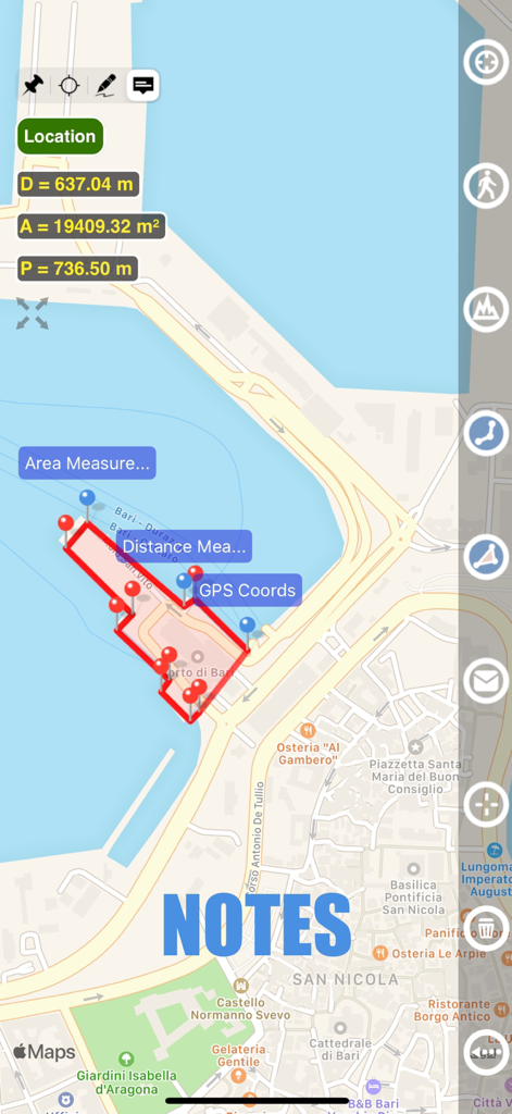 Planimeter GPS Area Measure - Map view showing area measurement and notes feature in Planimeter GPS app