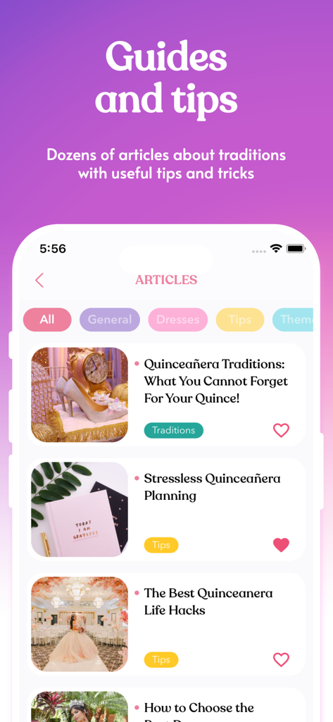 Quincy - Quinceanera Planner - Quincy app screen showing a list of helpful guides and tips for Quinceanera planning