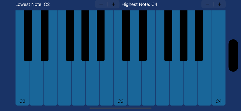 Interfaz de teclado MIDI virtual con rango de notas ajustable