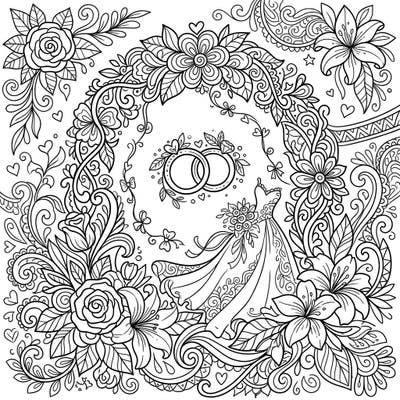 Discover a beautiful coloring page featuring an intricate floral arch, wedding rings, and a bridal gown, perfect for celebrating love. Immerse yourself in the delicate world of 'Abstract Flora x Wedding' and bring this romantic scene to life.