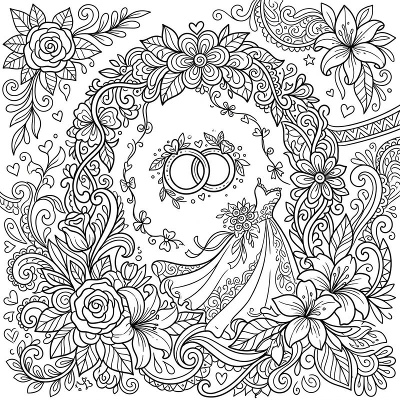 Discover a beautiful coloring page featuring an intricate floral arch, wedding rings, and a bridal gown, perfect for celebrating love. Immerse yourself in the delicate world of 'Abstract Flora x Wedding' and bring this romantic scene to life.