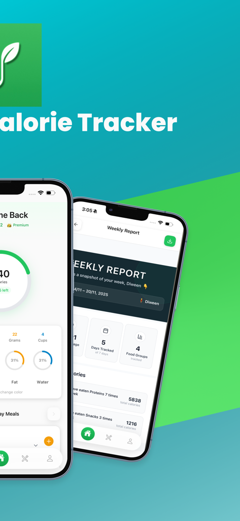 Juula calorie tracker mobile app showing dashboard and weekly progress reports