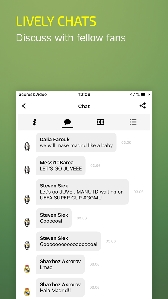 モバイルアプリのインターフェースに、サッカーファンがライブ試合やチームについて話し合っている活気のあるチャットが表示されています。