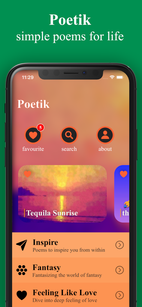 Poetik: On Poems and Poetry - Pantalla de inicio de la aplicación Poetik que muestra categorías de poemas y un poema destacado titulado Tequila Sunrise.