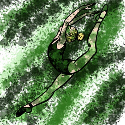 gymnast doing a leap in a leotard with a bent back leg