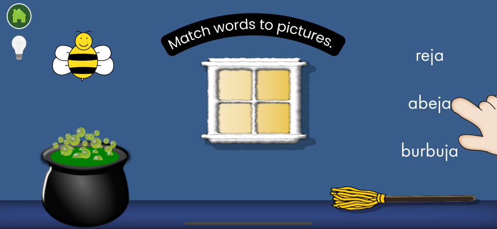 Lee Paso a Paso - Educational game screen from Lee Paso a Paso app where a user matches the Spanish word abeja to an illustration of a bee.