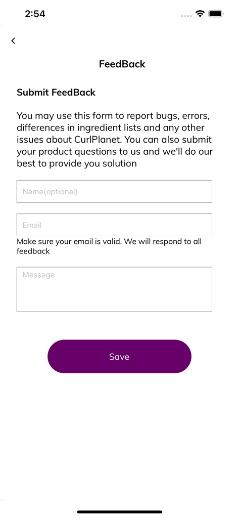 Curl Planet - Tela de envio de feedback para o aplicativo móvel Curl Planet