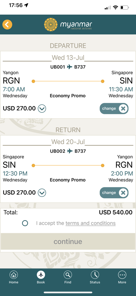 Myanmar National Airlines mobile app showing a flight booking summary for a round trip between Yangon and Singapore