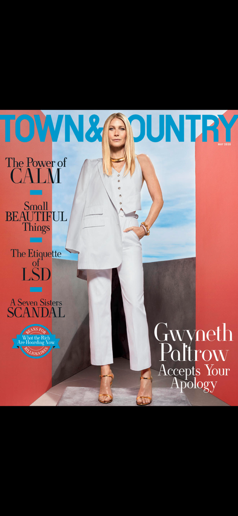 Town & Country Magazine US - Town and Country magazine cover featuring Gwyneth Paltrow in a white outfit