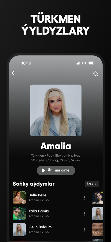 Sazz music app artist profile page for Amalia showing her latest Turkmen songs