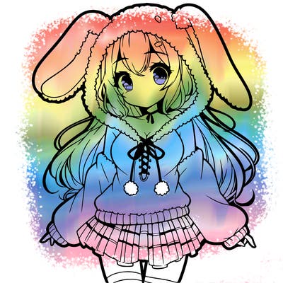 pretty anime girl wearing a fluffy hoodie with bunny ears on the hood and a skirt