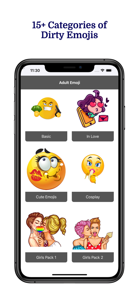 Screen showing multiple categories of adult and dirty emojis including Basic, In Love, and Cosplay.