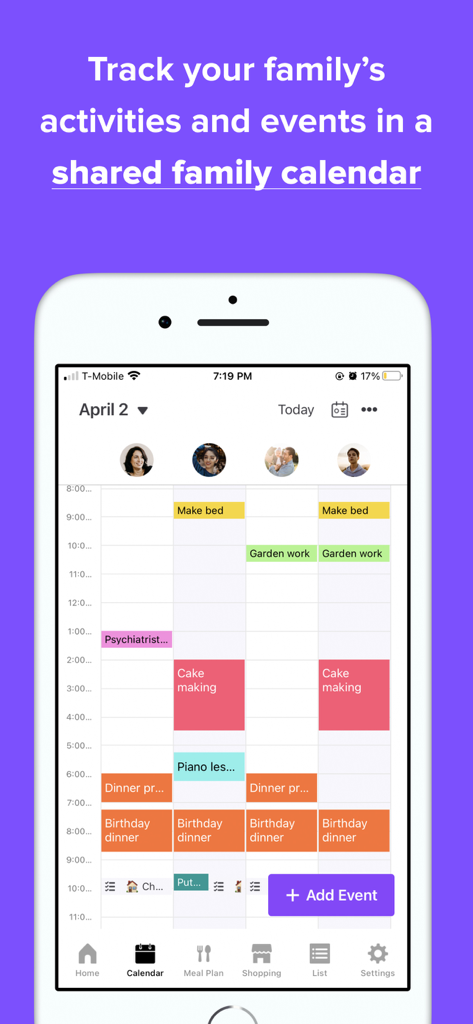 Family Daily: Family Organizer - Shared family calendar view in the Family Daily app showing scheduled activities for multiple family members.