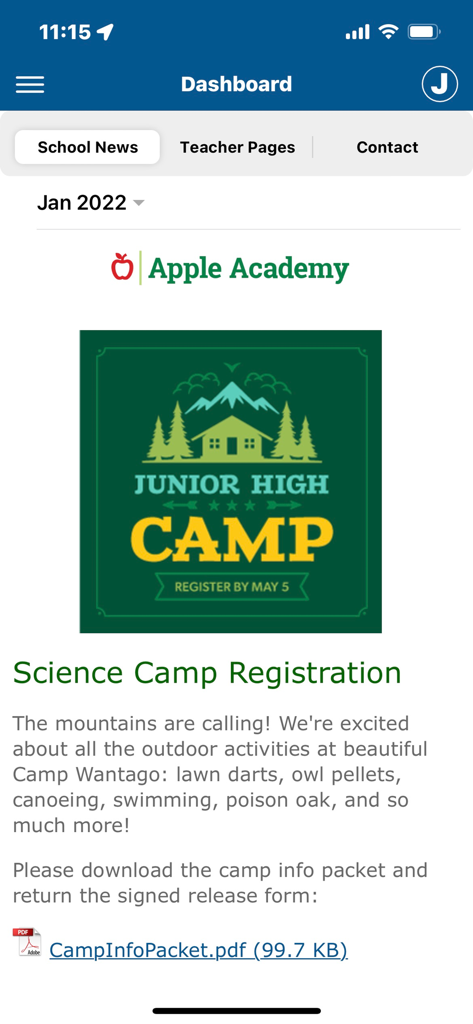 Gradelink app dashboard showing a school news announcement for a Junior High Science Camp registration at Apple Academy