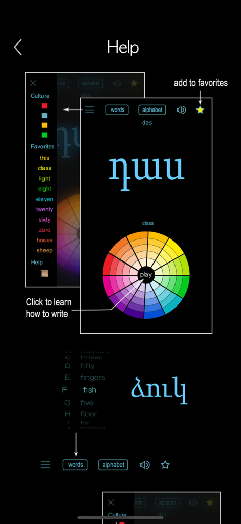 Captura de pantalla de la pantalla de ayuda en la aplicación Armenian Words and Writing que muestra funciones como favoritos e instrucciones de escritura.