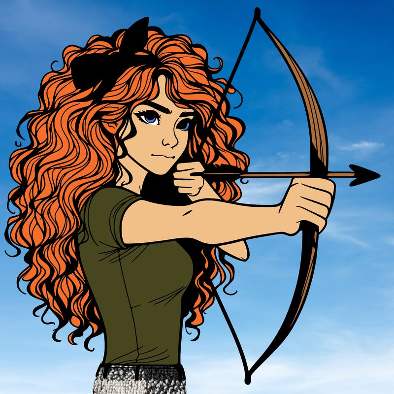 a woman with curly and messy hair using a bow to shoot arrow realistic