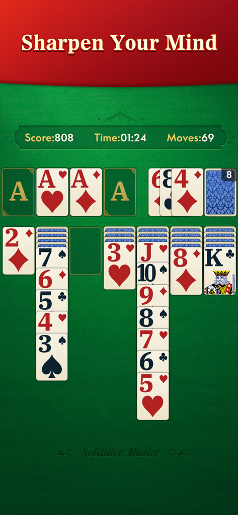 Solitaire Master - Classic - Solitaire Master Classic gameplay screen with large cards and a sharpen your mind headline
