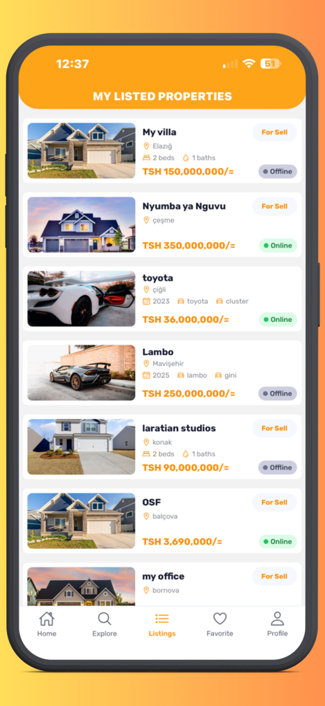 Dalali Connect - Dalali Connect app interface showing a list of houses and luxury vehicles posted for sale with prices and status.
