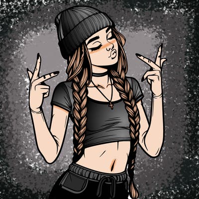 realistic teenage girl with braids and a beanie and crop top doing 🫶🏼
