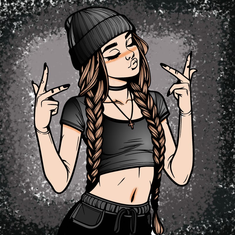 realistic teenage girl with braids and a beanie and crop top doing 🫶🏼