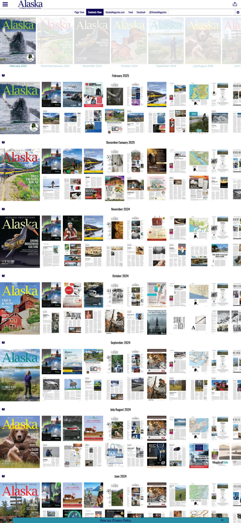 Alaska Magazine - Archivo digital de Alaska Magazine que muestra múltiples números mensuales y miniaturas de artículos en una vista de cuadrícula