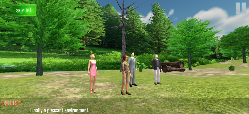 Dinosaur Hunting World Game - Four characters standing in a forest scene from the Dinosaur Hunting World Game.