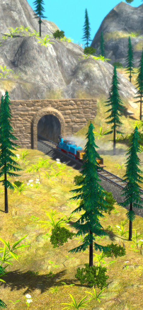A blue steam train exiting a stone tunnel in a mountainous landscape