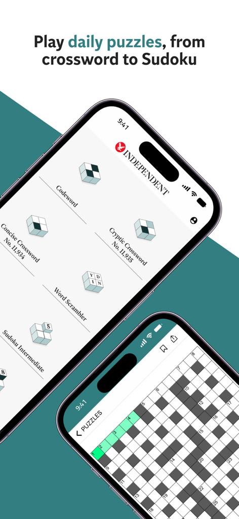 The Independent: Breaking News - iPhone画面に、クロスワードや数独などの毎日のパズルを表示するThe Independentアプリのインターフェース。
