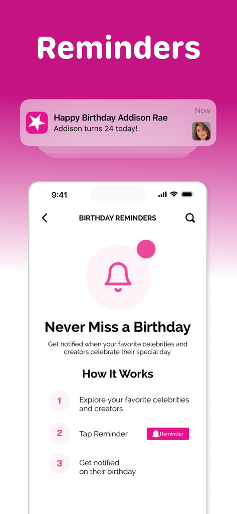 A mobile screen showing birthday reminders for celebrities with a notification for Addison Rae.