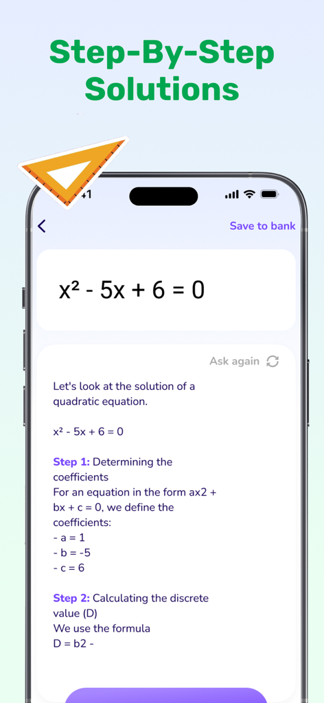 AI Homework Helper Work Solver - AI Homework Helper app showing a step by step solution for a quadratic math equation