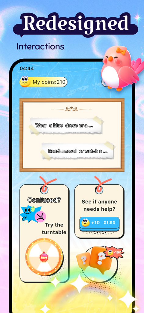 Noura - Share & Fun - Mobile app screen for Noura showing a decision-making turntable and social Q&A features