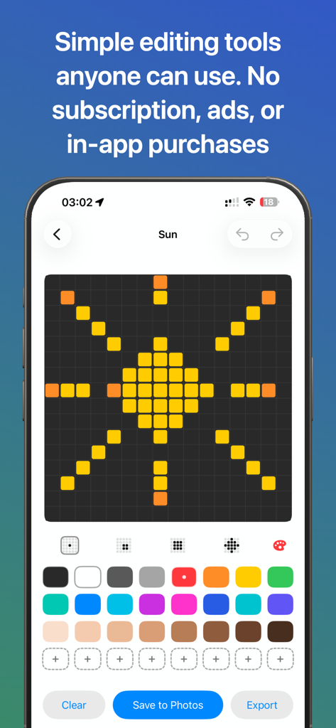 Mobile screen showing the Pixel Draw 16x16 editor with a yellow sun illustration on a dark grid