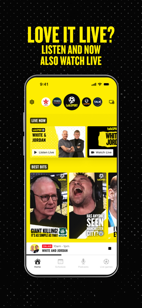 talkSPORT - talkSPORT app interface showing live radio broadcast and video sports news highlights