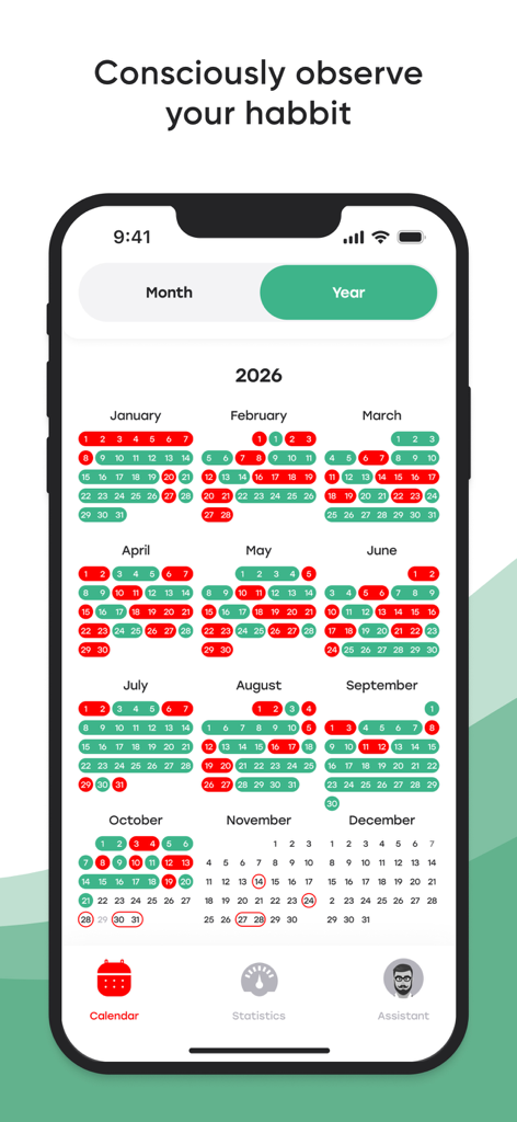 SuperMe — Sober Tracker - Yearly calendar view in the SuperMe sober tracker app showing color-coded daily drinking and sobriety habits.