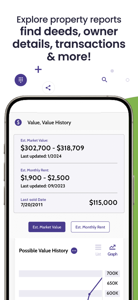 BeenVerified: People Search - BeenVerified app screen displaying estimated market value and monthly rent for a property search