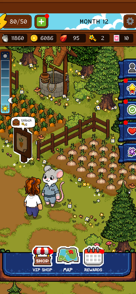 Forest Fables: Cozy pixel sim - Pixel art farming gameplay in Forest Fables featuring a character and a mouse NPC